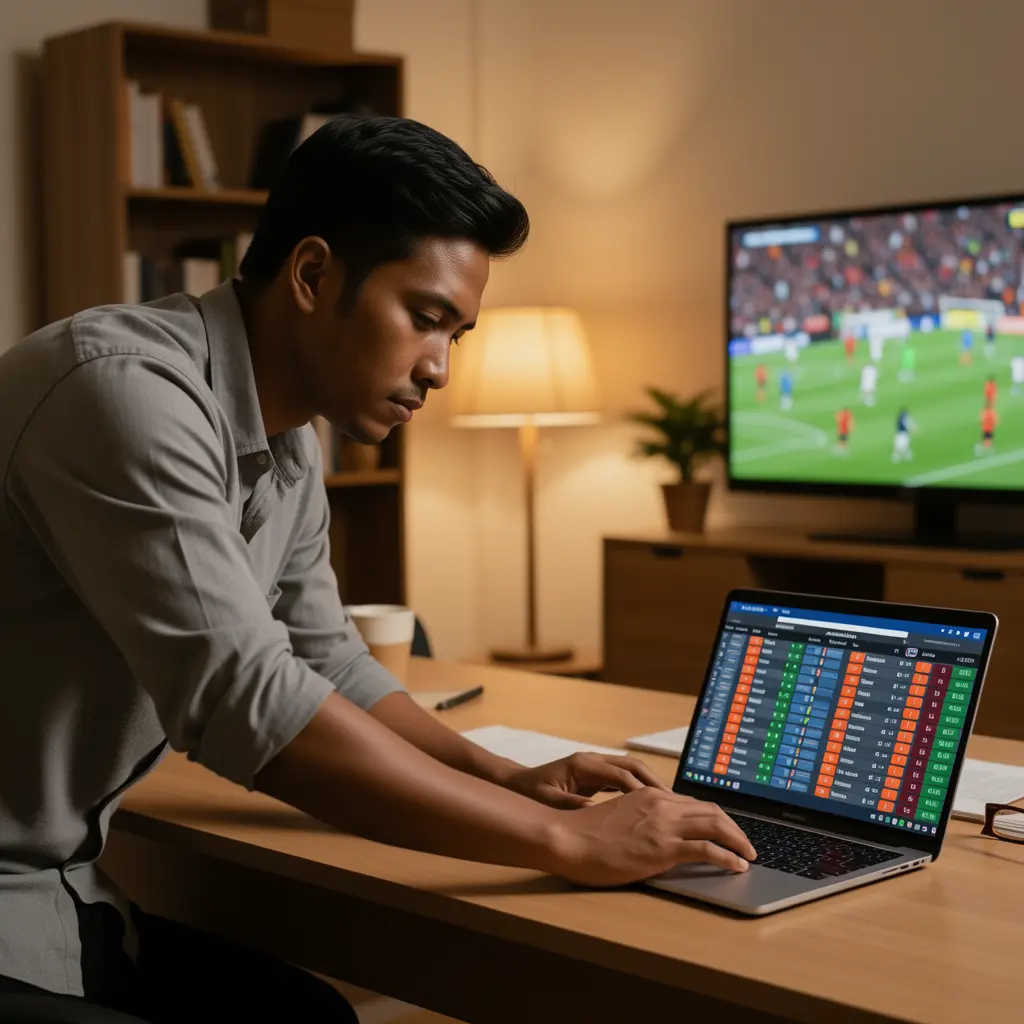 T999 – Place live football bets online with real time odds in Indonesia Focused Indonesian sports bettor placing live football wagers on a laptop with real time odds while watching match highlights on TV using T999